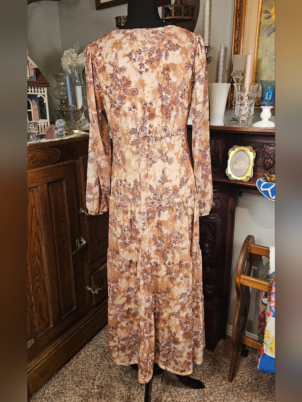 Lucky Brand Boho Mesh Floral Tiered Maxi Dress Medium Brown Long Sleeve - Picture 3 of 7